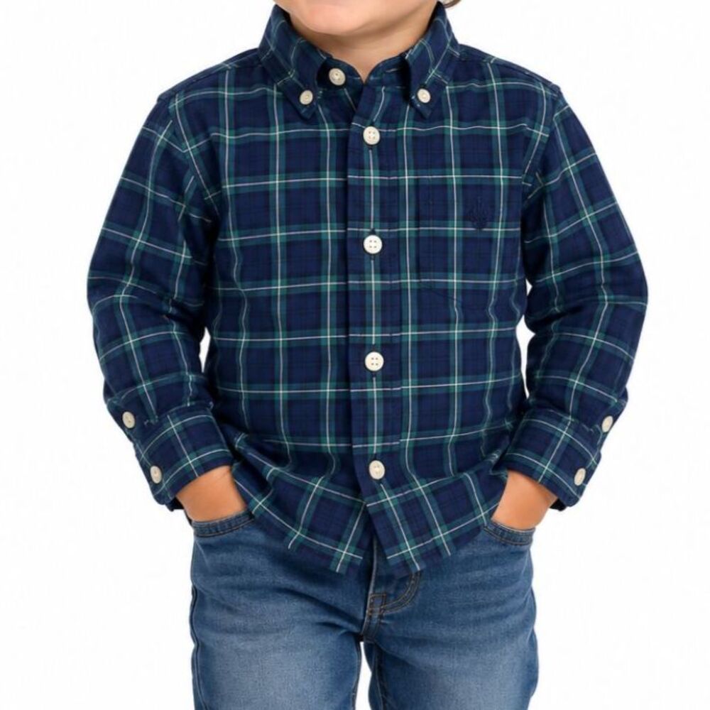 🔥 5 for $30 🔥 Chaps Boys’ Navy Plaid Long Sleeve Button-Up Shirt | 3T